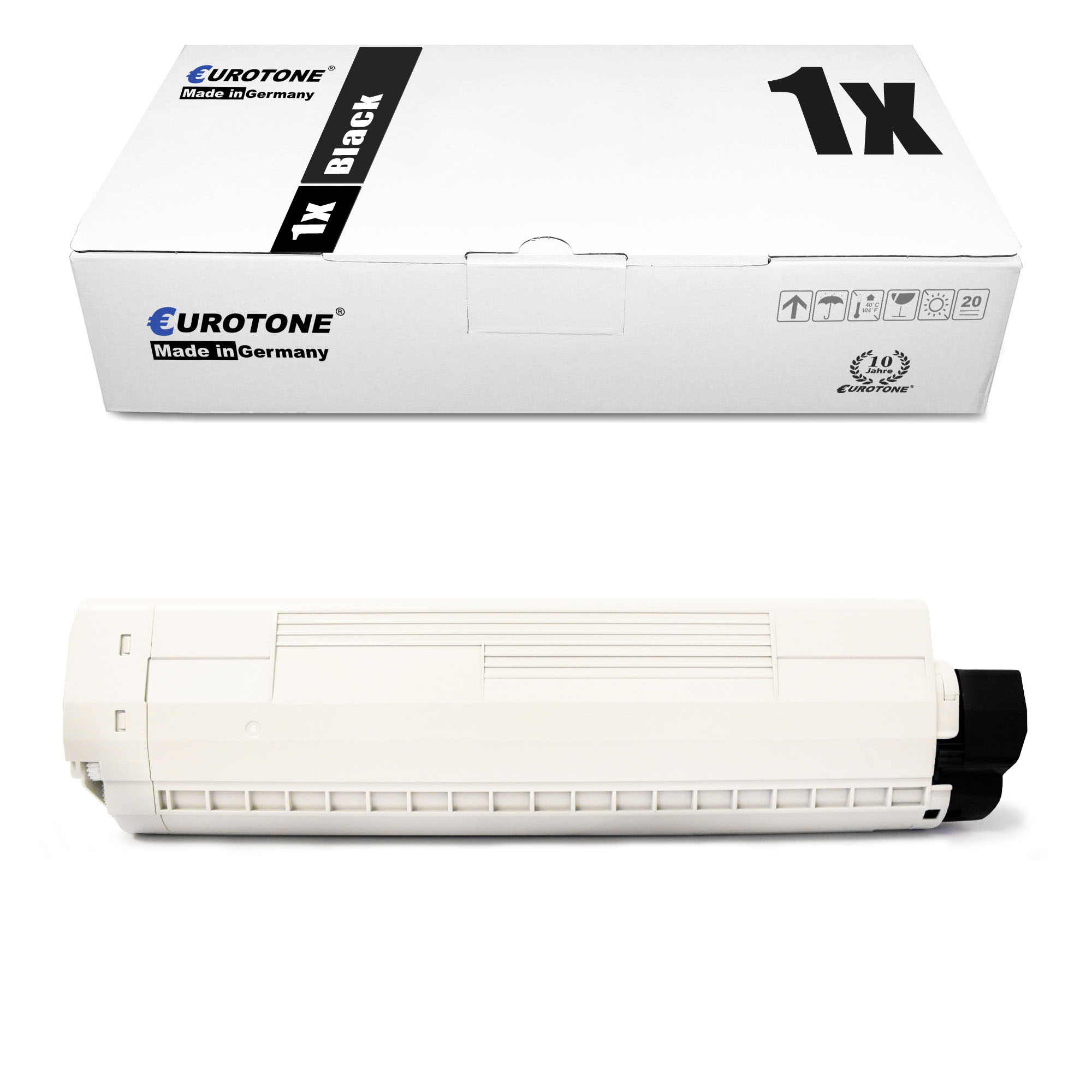 Schwarze Tintenpatrone und Box. Box hat '1x Black' Etikett.