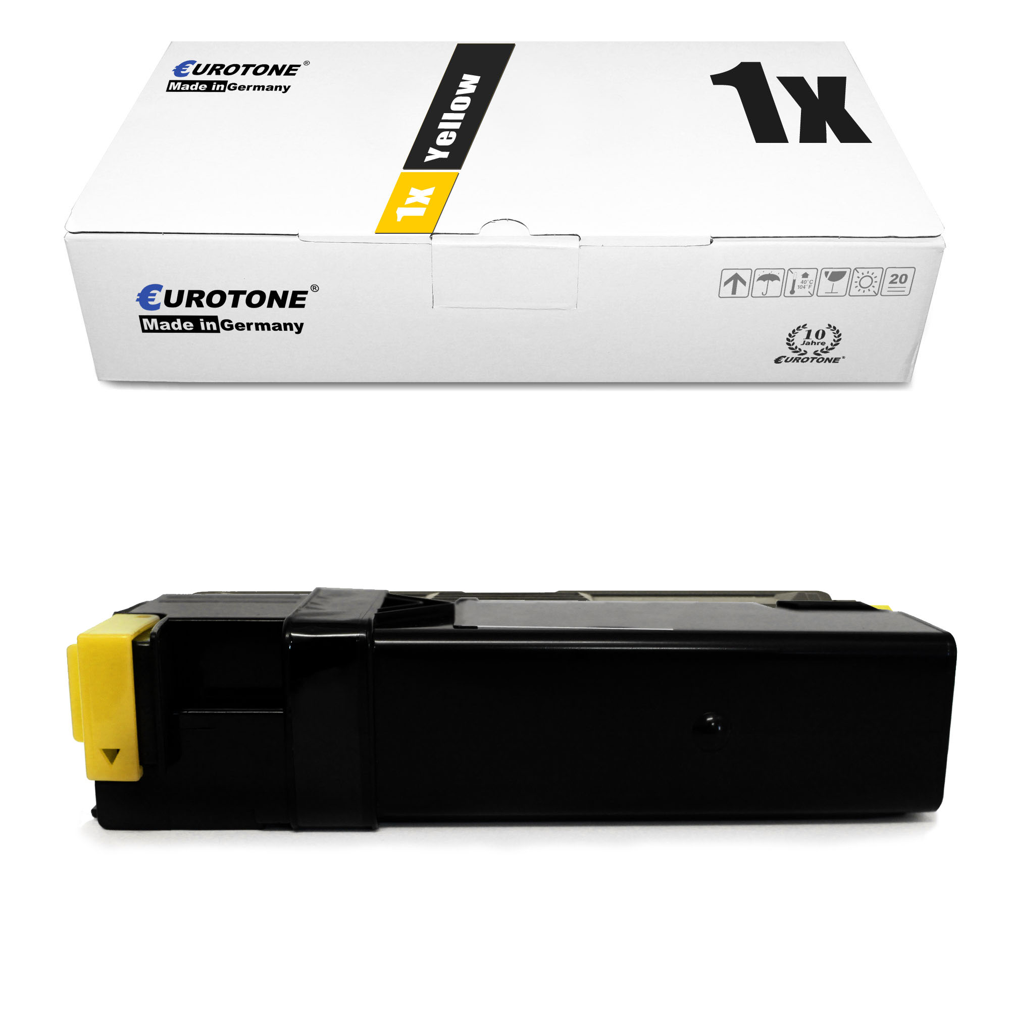 Gelbe Tonerkartusche und ihre Schachtel. Die Schachtel hat das Etikett '1x Yellow'.