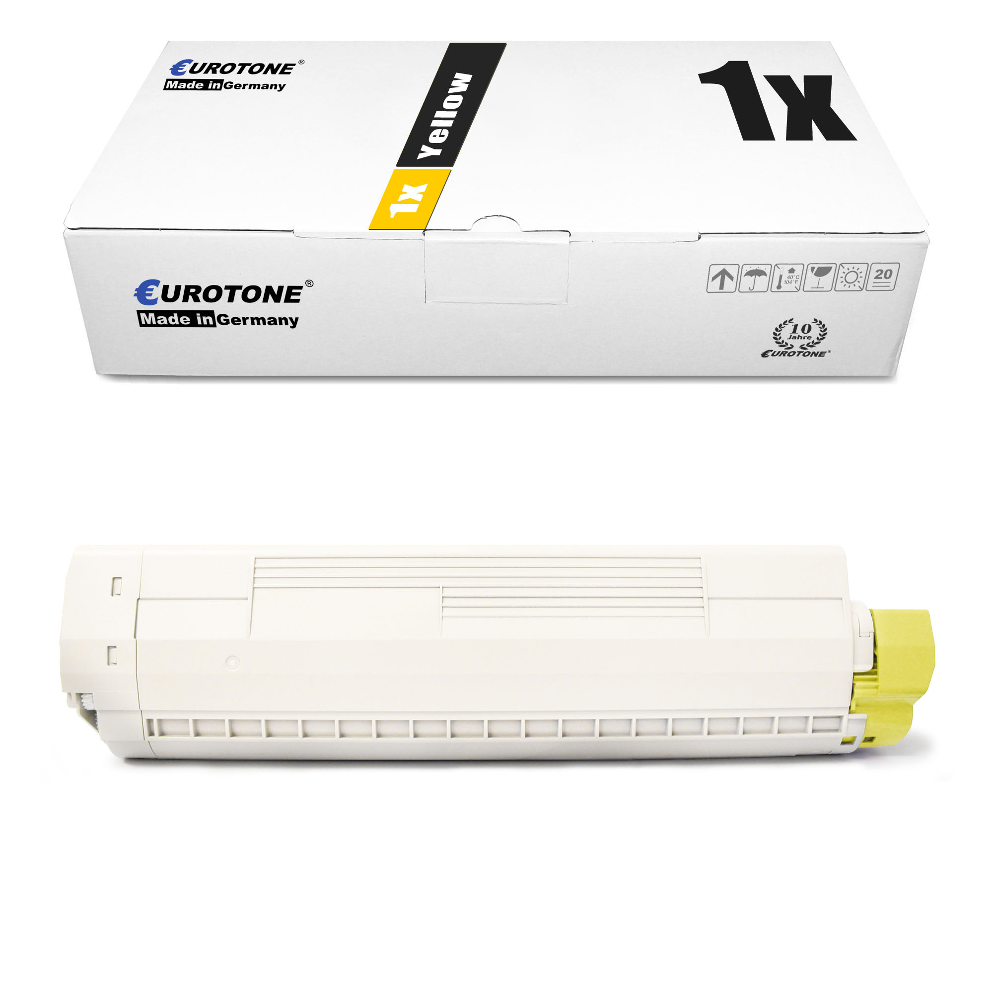 Gelbe Tintenpatrone und Box. Box hat '1x Yellow' Etikett.