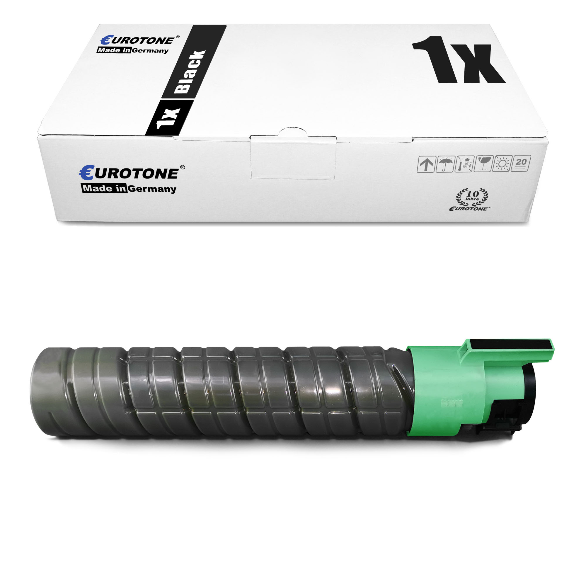 Eine weiße Box mit 'EUROTONE' und '1X BLACK' Aufdruck, darunter eine grün-schwarze Tonerkartusche.