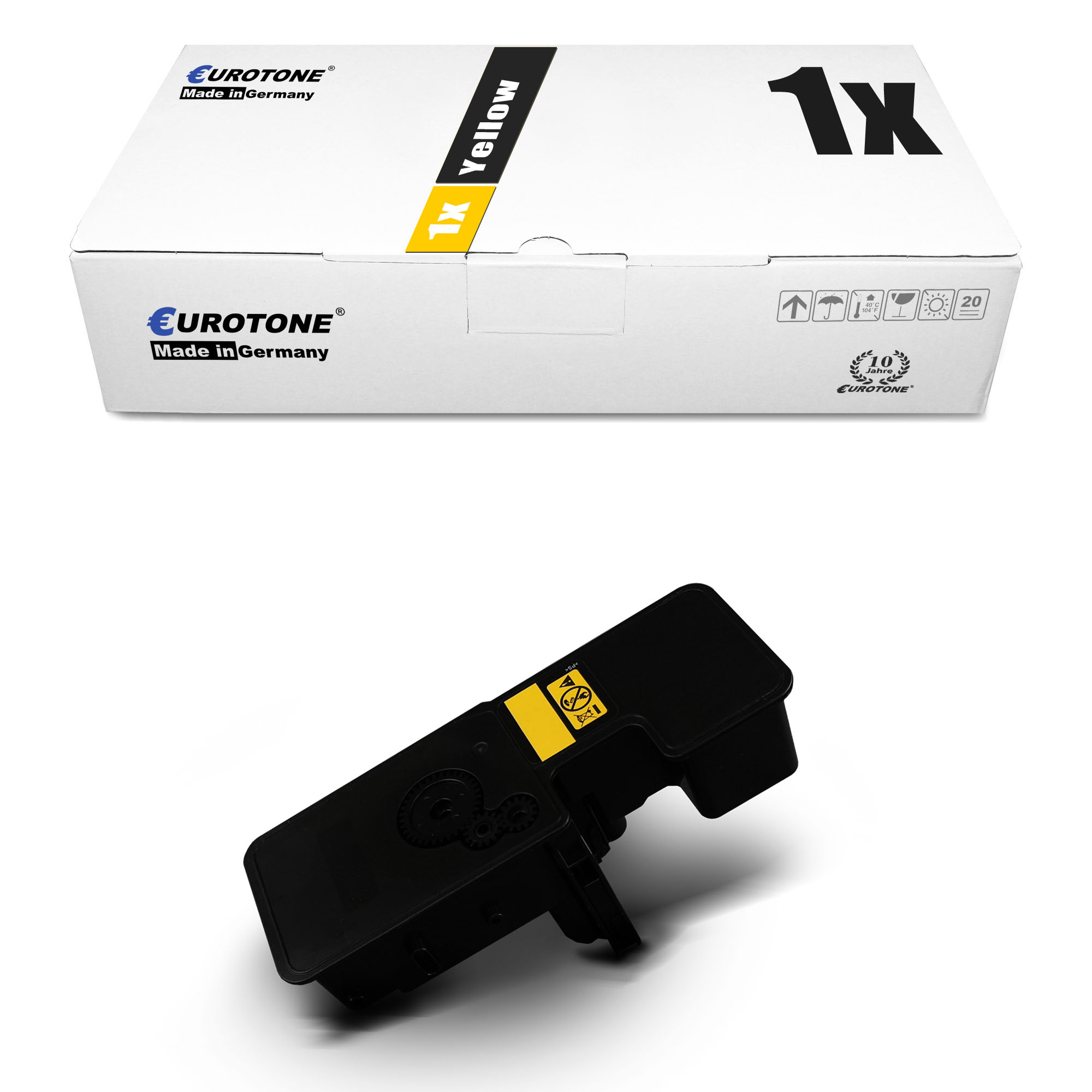 Weißer Karton mit gelbem Toner. Schwarze Tonerkartusche darunter. Beide auf weißem Hintergrund.