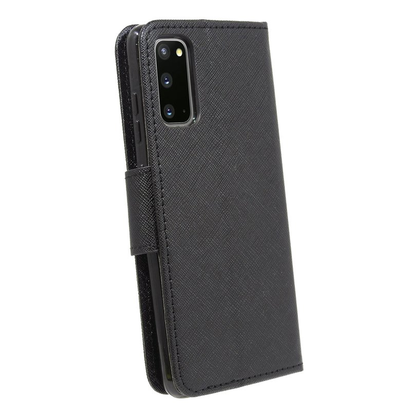Schwarzes Telefon in einer schwarzen Leder-Geldbörsenhülle mit Magnetverschluss.