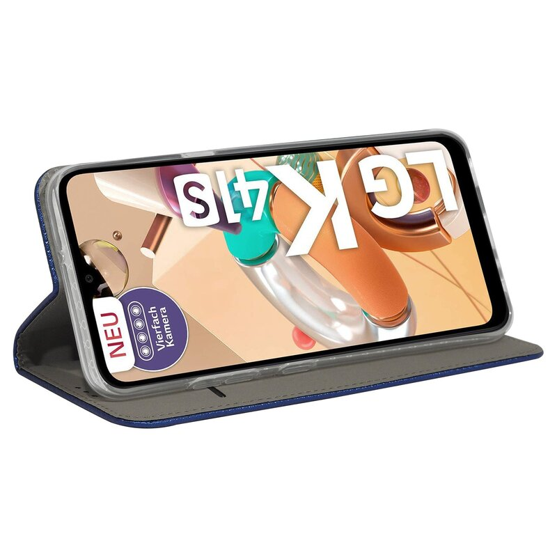 LG K41S Telefon in blauem Wallet-Case, Bildschirm mit Bild. NEU und Vierfach Kamera Etiketten.