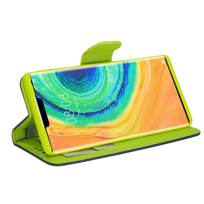 Telefon in Hülle, Bildschirm zeigt farbiges Bild, grüne Hülle offen. Zeitanzeige.
