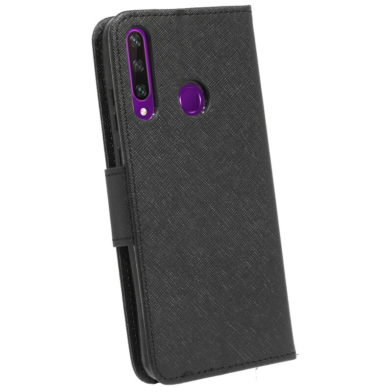 Schwarze Handyhülle mit sichtbarem Telefon. Das Telefon hat eine Dreifachkamera und einen lila Kreis.