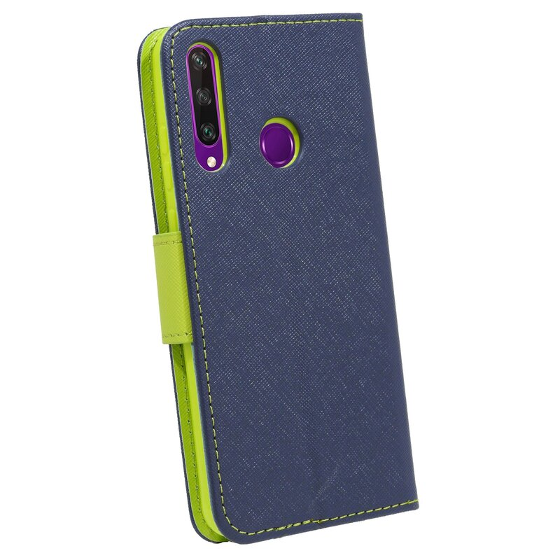 Eine blaue Handyhülle mit grünem Riemen und Akzenten, mit mehreren Handykameras.