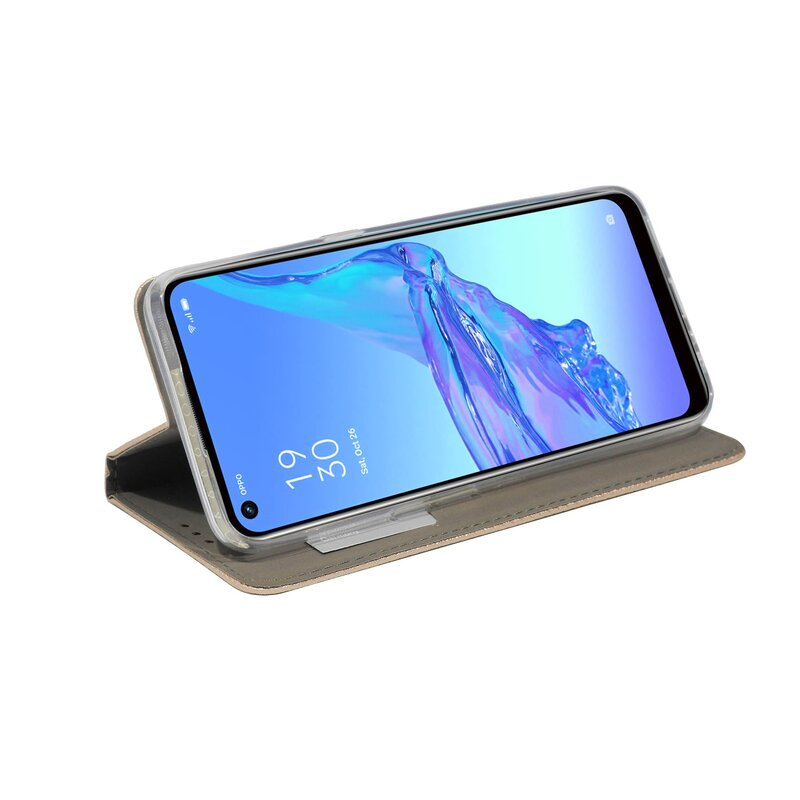 Telefon in Hülle, leicht geöffnet, mit Oppo-Logo. Graue Hülle.