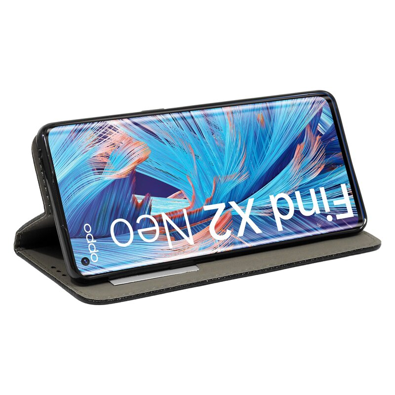 Schwarze Handyhülle mit einem Telefon mit blauem und orangefarbenem Bildschirm.