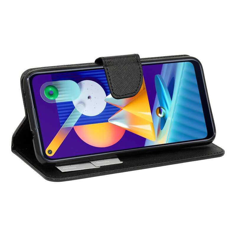 Ein Smartphone ist in einem schwarzen Gehäuse geöffnet, der Bildschirm zeigt ein komplexes abstraktes Design.