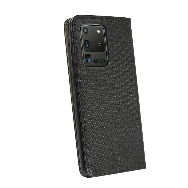 Schwarze Handyhülle mit strukturierter Oberfläche und einem Telefon darin.