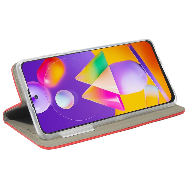 Ein Smartphone in einer rot-grauen Hülle. Das Telefon zeigt ein farbenfrohes abstraktes Bild.