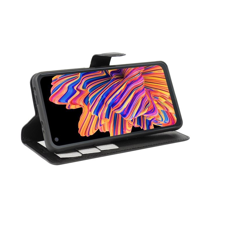 Telefon in schwarzem Gehäuse, Bildschirm zeigt bunte abstrakte Kunst, weißer Hintergrund.