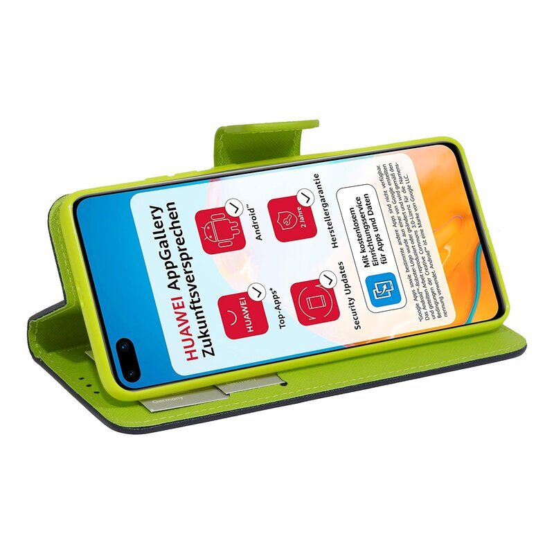 Telefon in grün-grauer Brieftasche, Bildschirm offen, App-Symbole und Text zeigend.