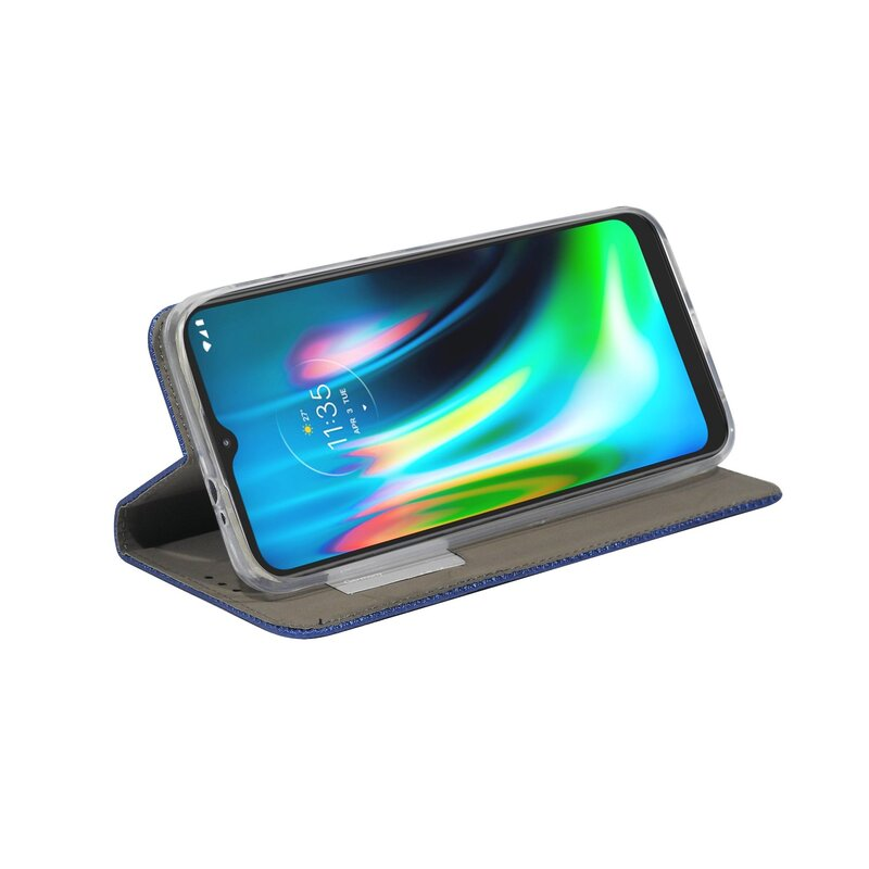 Ein Telefon in einer blauen Hülle, geöffnet, zeigt den Bildschirm mit farbenfroher Anzeige.