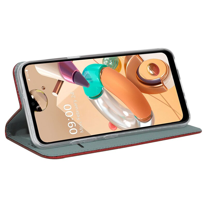 Telefon in einer Hülle, zeigt den Bildschirm mit einem bunten abstrakten Bild. Die Hülle ist rot und grau.