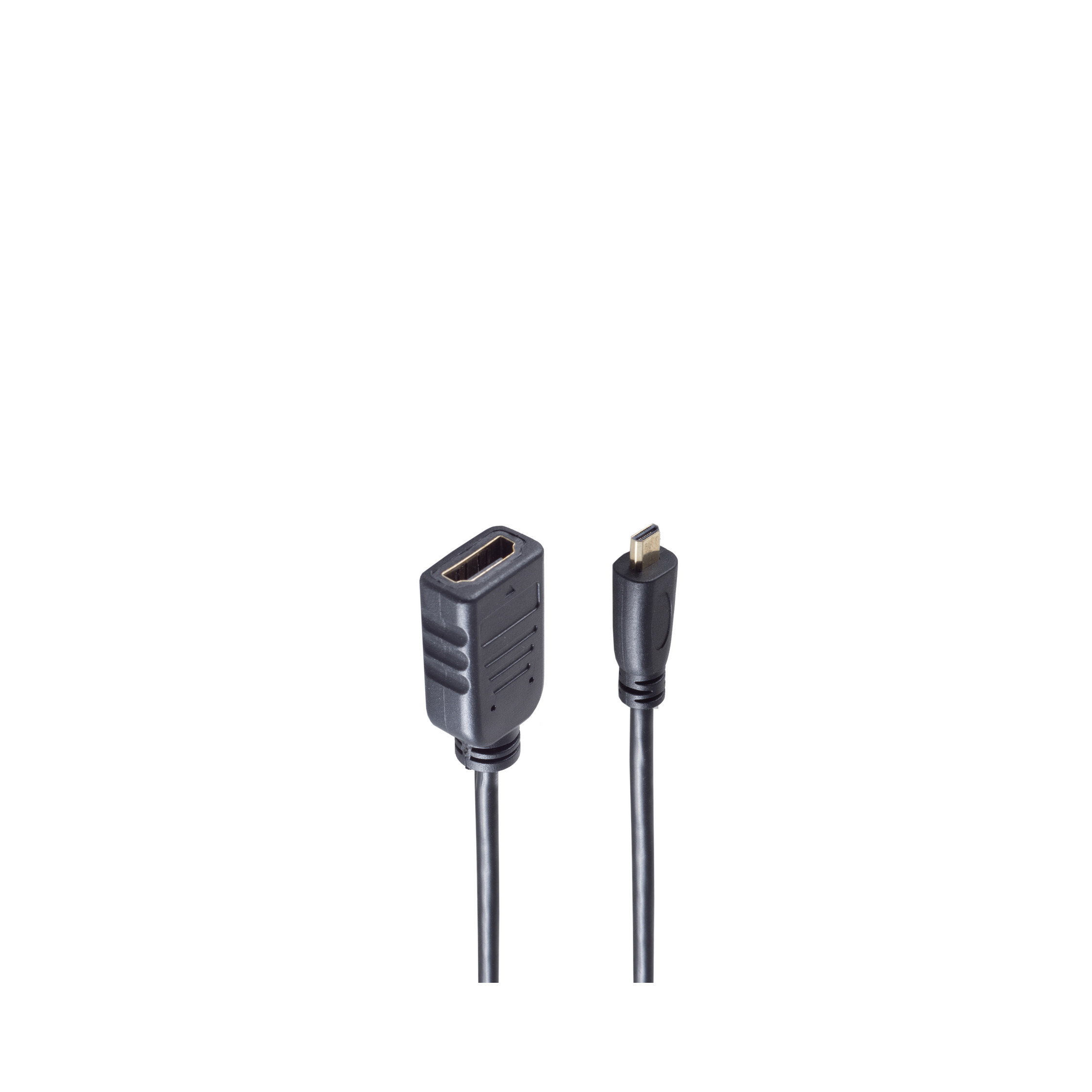 Ein schwarzes HDMI-zu-Micro-HDMI-Adapterkabel auf weißem Hintergrund. Das Kabel ist schwarz.