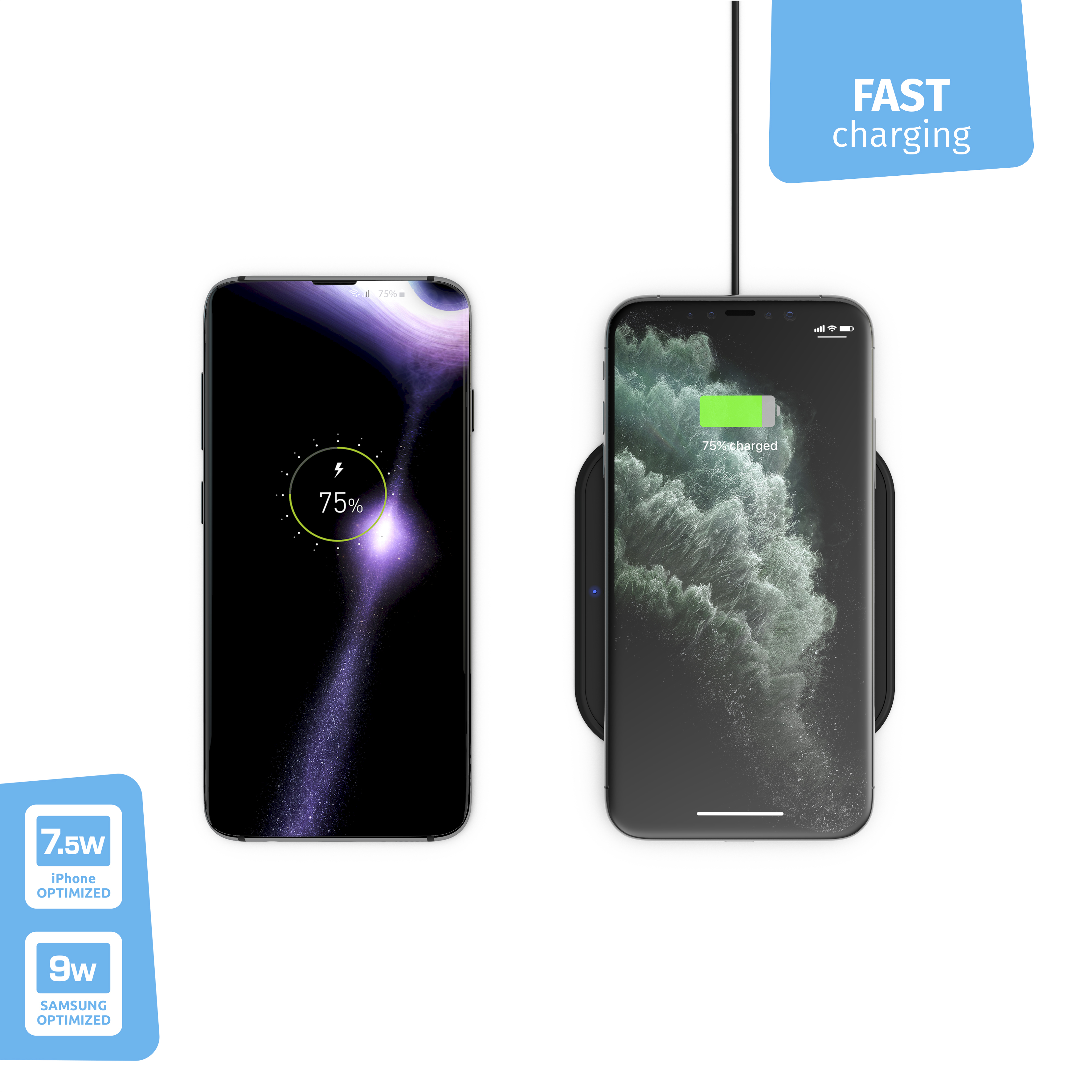 Zwei Smartphones laden kabellos, eines 75% geladen, weißer Hintergrund.