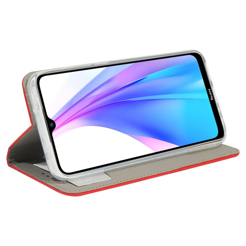 Rote Handyhülle mit Telefon. Telefon zeigt farbenfrohes Hintergrundbild. Grauer Hintergrund.