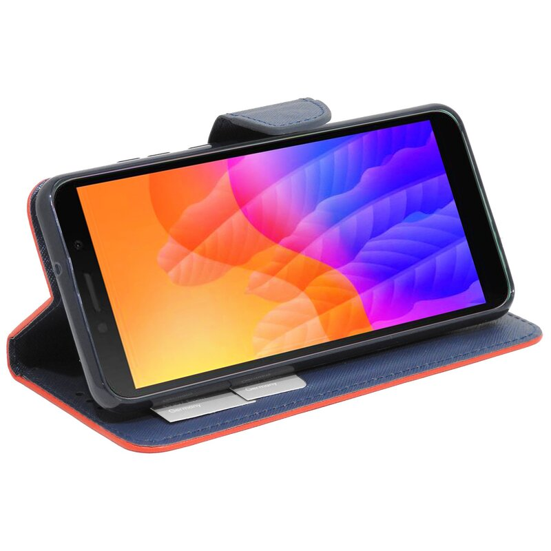 Ein Smartphone in einer blau-orangenen Hülle mit farbenfroher Anzeige.