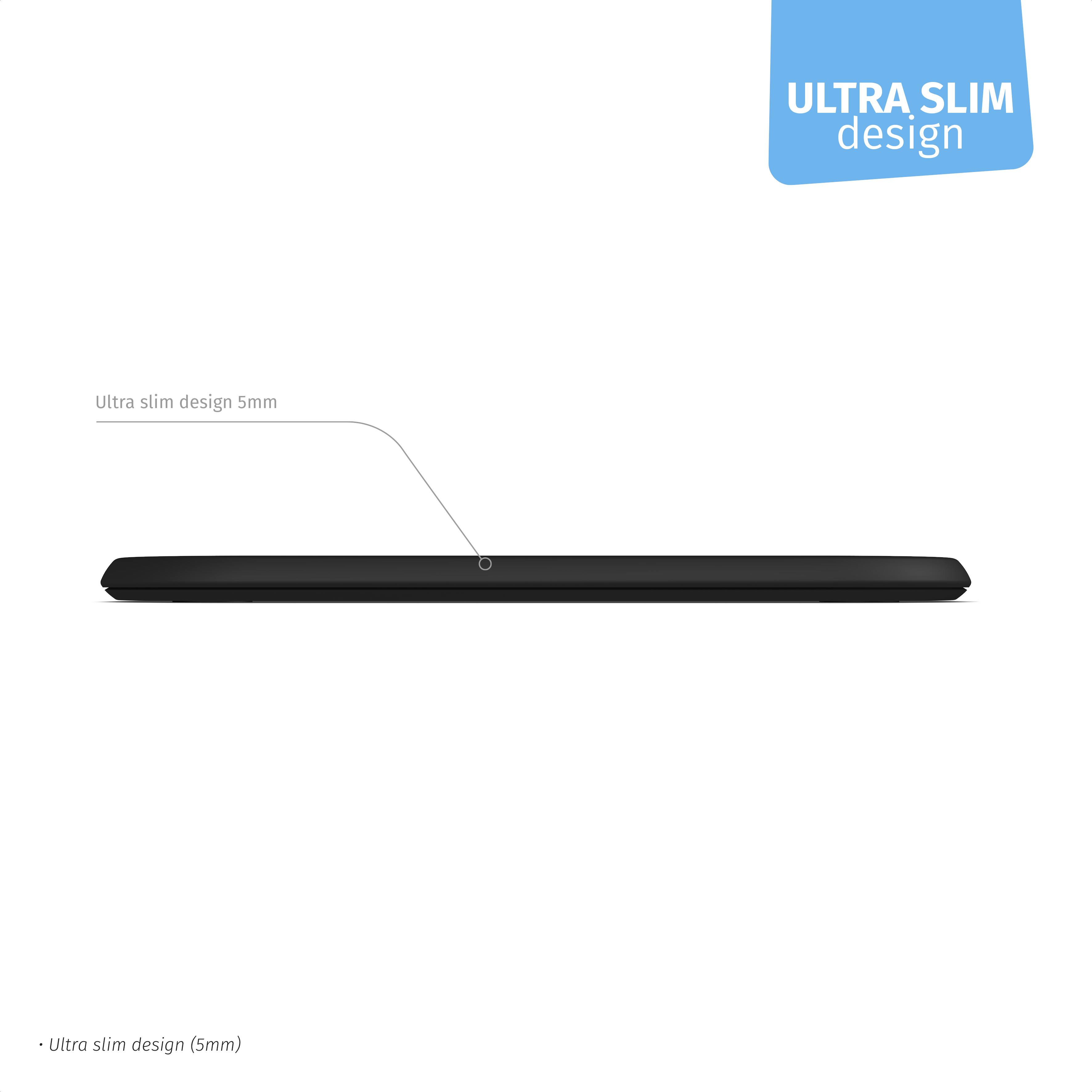 Schwarzes Telefon liegt. Ultra-schlankes Design, 5 mm Dicke.