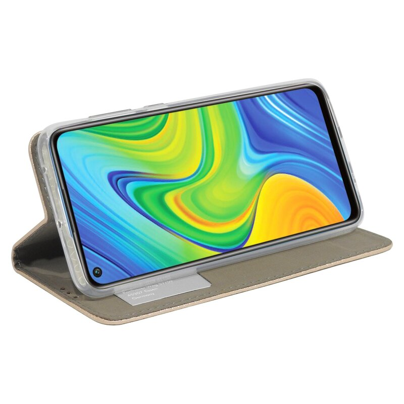 Ein Smartphone in einer Hülle, das einen bunten Bildschirm zeigt, mit Kartenfach.