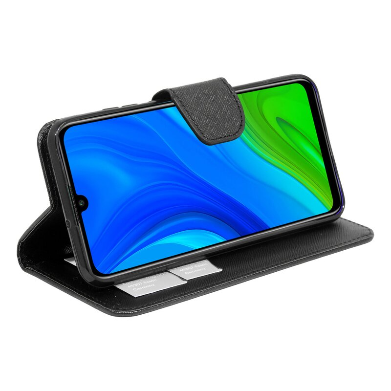 Schwarzes Telefon in offener Brieftaschenhülle, zeigt Bildschirm mit blauem, grünem Muster.