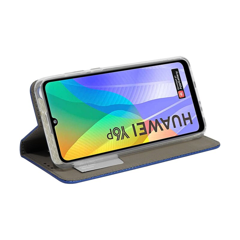 Blaue Handyhülle mit einem Telefon, das einen Bildschirm anzeigt.