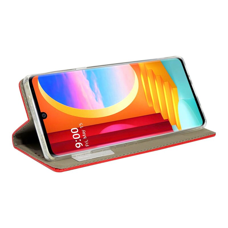 Ein Telefon in einer roten Hülle. Der Bildschirm zeigt ein farbenfrohes Hintergrundbild. Die Hülle ist offen.