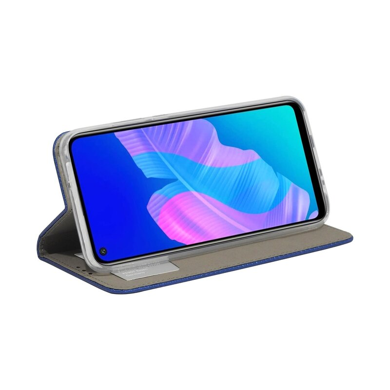 Blaue Handyhülle mit Telefon darin. Der Telefonbildschirm zeigt ein farbenfrohes Design.