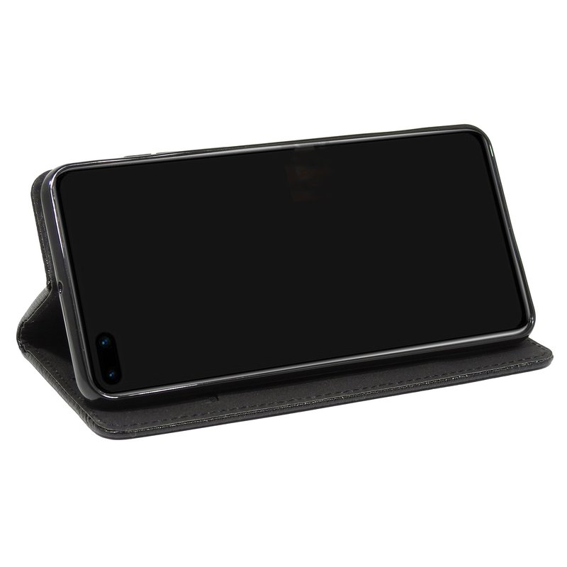 Ein Smartphone in einer geschlossenen schwarzen Hülle, das auf einer Oberfläche liegt. Der Bildschirm ist schwarz und zeigt eine dunkle Ansicht.