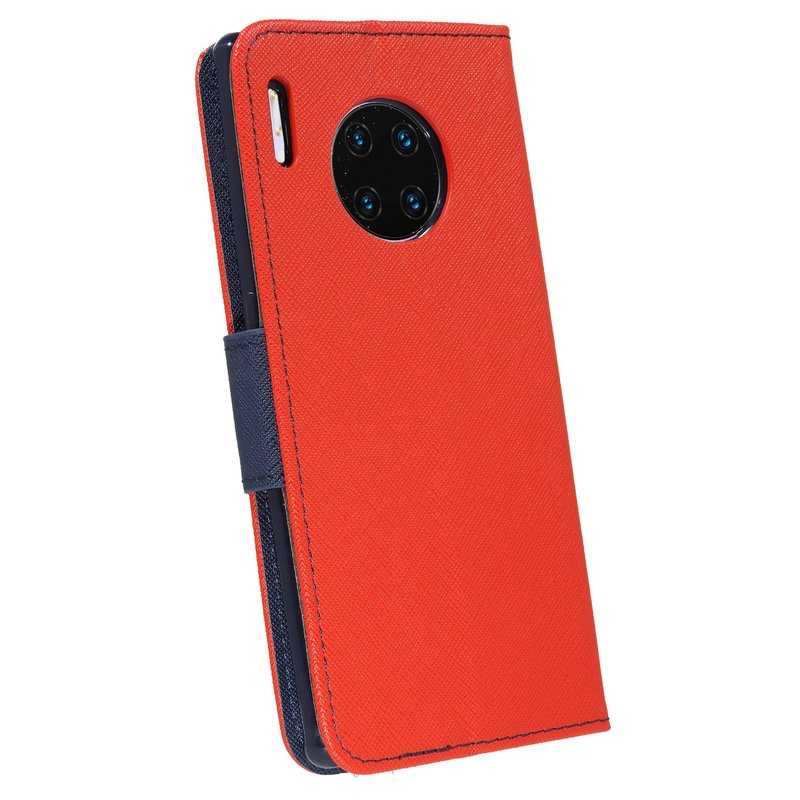Eine rote Telefonhülle mit blauem Innenraum und einem schwarzen Kamerabereich. Sie ist geschlossen.