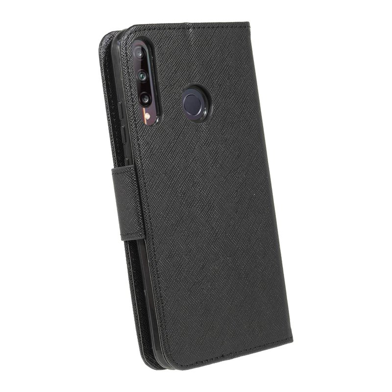 Schwarze Handyhülle mit strukturiertem Design, teilweise geöffnet. Die Rückseite des Telefons ist sichtbar.