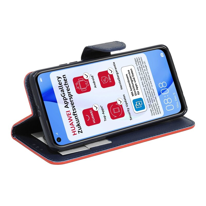 Telefon in roter und blauer Hülle, zeigt Bildschirm mit App.