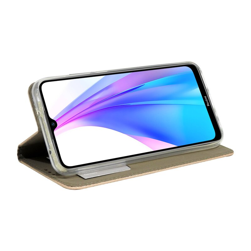 Telefon in Hülle. Bildschirm zeigt blaue und lila Wellen. Beige Hülle.