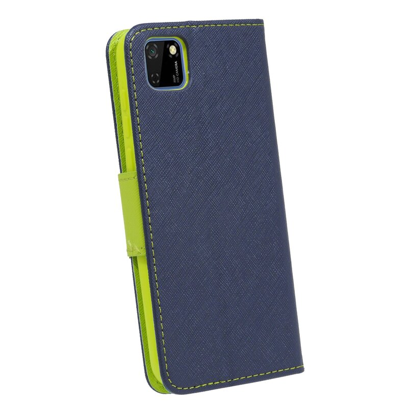 Marineblaue Handyhülle mit limettengrünem Innenraum. Es ist eine Hülle im Folio-Stil.