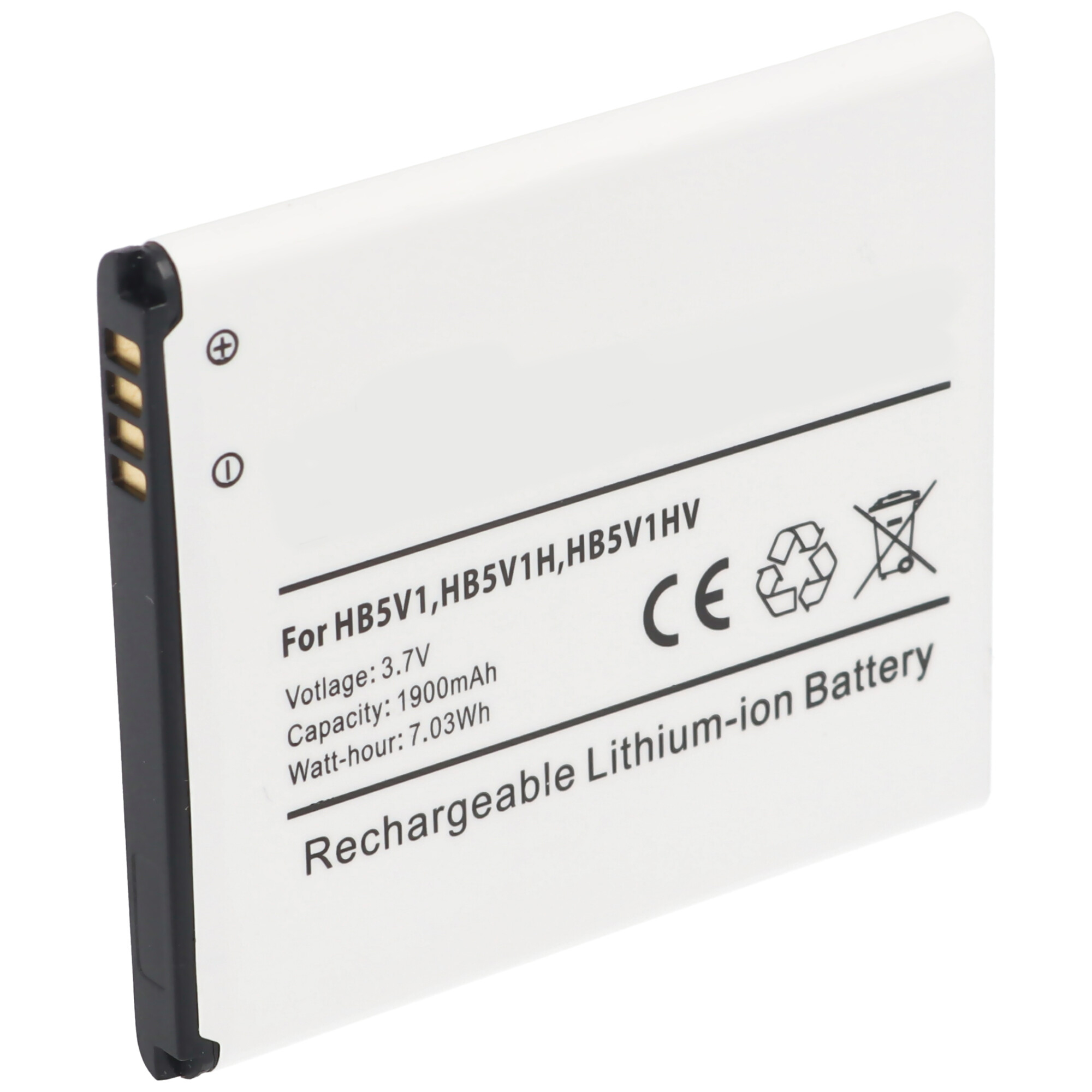 Eine weiße, wiederaufladbare Lithium-Ionen-Batterie mit Text: 3,7 V, 1900 mAh, 7,03 Wh. CE-Symbol und Recycling-Symbol.