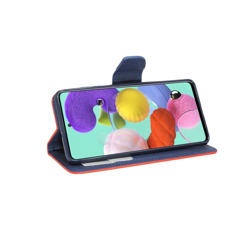 Telefon in blau-oranger Hülle, Bildschirm mit bunten abstrakten Formen.