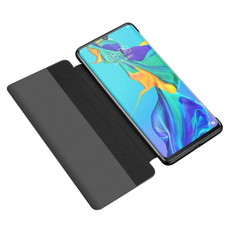 Smartphone mit blau-grünem Bildschirm. Die Hülle ist geöffnet und zeigt den Bildschirm. Schwarzes Gehäuse, weißer Hintergrund.