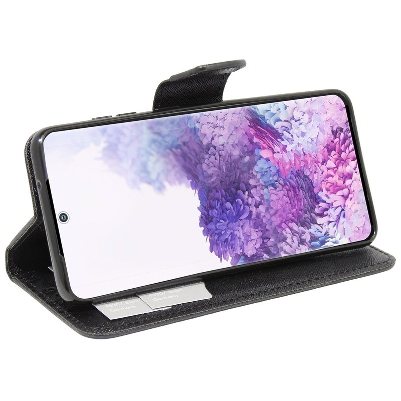 Schwarze Handyhülle mit Handy. Telefon zeigt farbenfrohe abstrakte Kunst. Hülle ist auf weißem Hintergrund geöffnet.