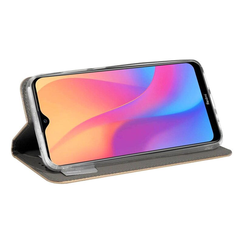 Geöffnete Handyhülle mit Telefon. Bunter Bildschirm, heller Hintergrund.