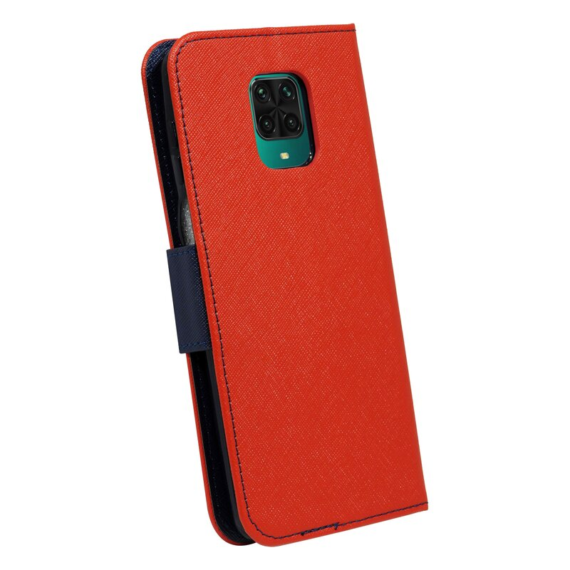 Rote Handyhülle mit dunkelblauem Akzent. Kamera sichtbar. Faltbares Design mit Verschluss.