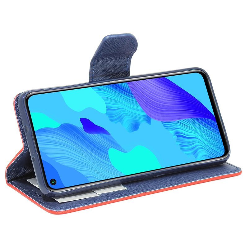 Eine blau-rote Handyhülle mit Telefon darin, geöffnet, zeigt den Bildschirm.