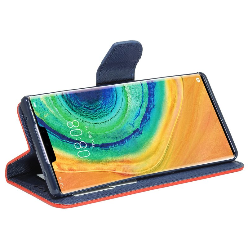 Geöffnete Handyhülle mit Telefon, zeigt bunten Bildschirm, zeigt Zeit. Blaue und orangefarbene Hülle.