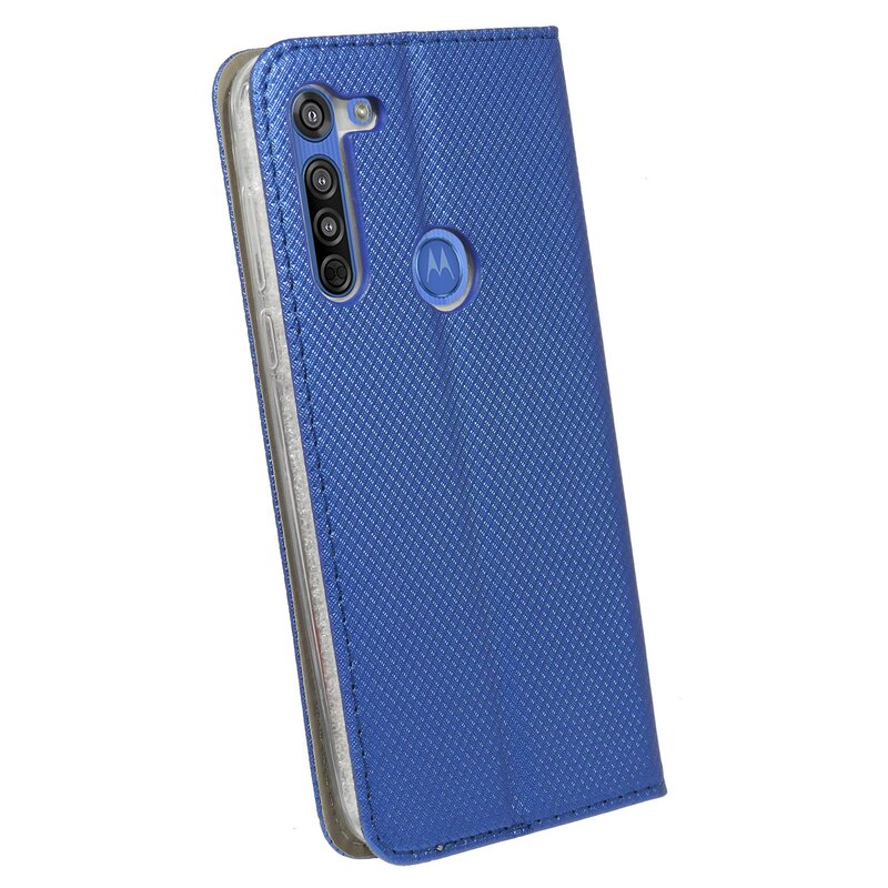 Blaue Handyhülle mit strukturiertem Muster. Ein Telefon ist darin sichtbar.