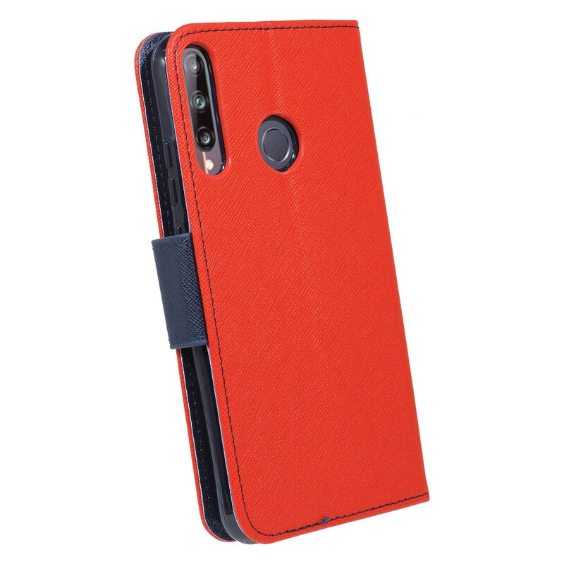 Eine orangefarbene Handyhülle ist geöffnet und zeigt ein Telefon. Die Hülle hat eine blaue Klappe.