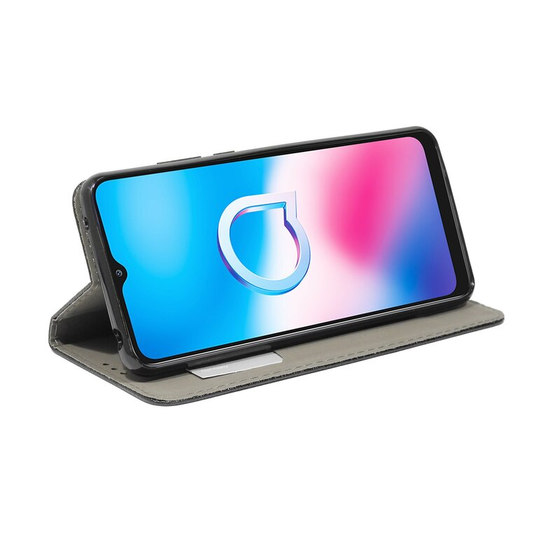Telefon in einem geöffneten und aufgestellten Gehäuse. Der Bildschirm zeigt Logo.