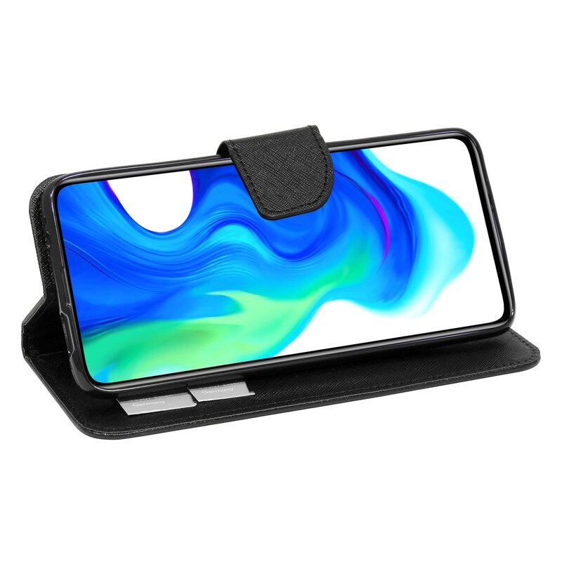 Schwarze Handyhülle mit einem Telefon darin. Der Telefonbildschirm zeigt ein Bild.