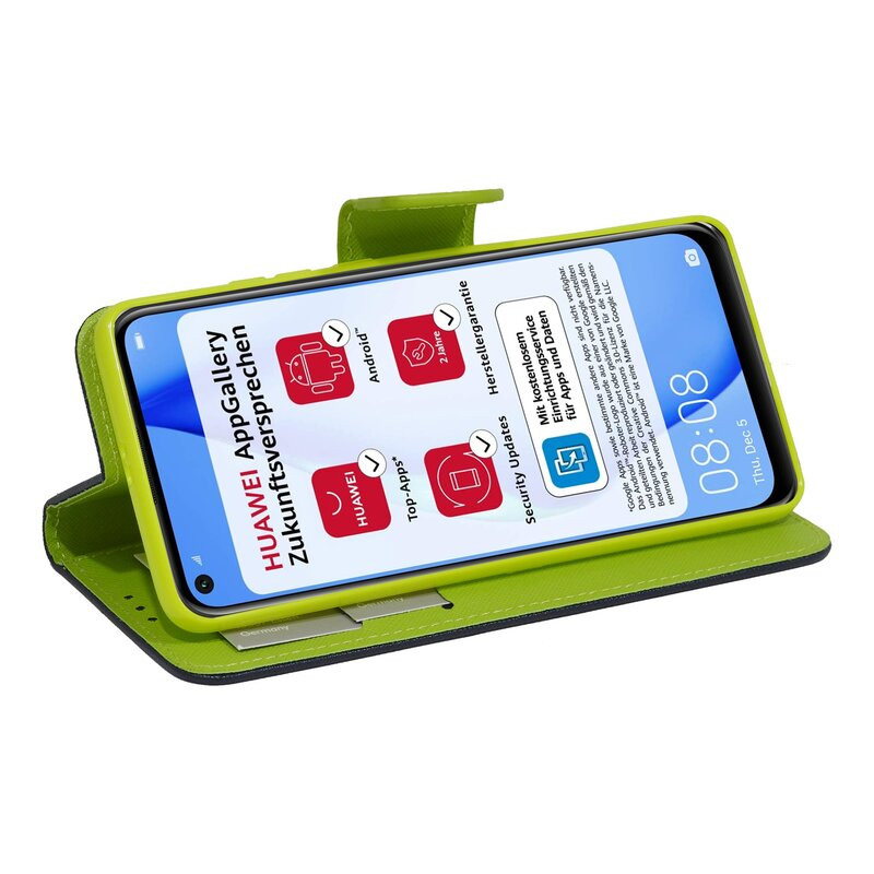 Telefon in grün-schwarzem Gehäuse. Der Bildschirm zeigt Huawei AppGallery. Logos und Text sind sichtbar.
