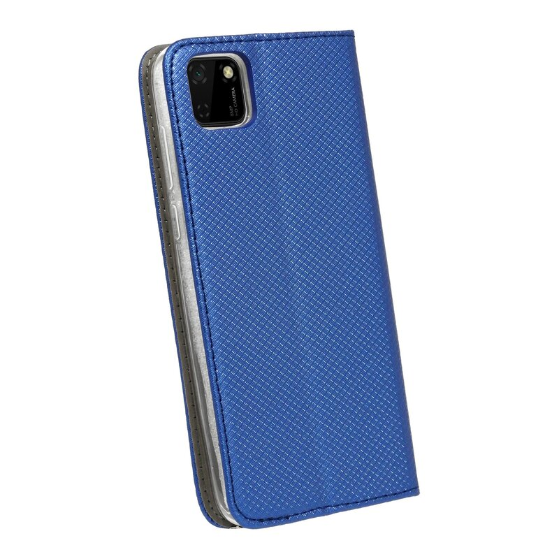 Eine blaue Handyhülle, geöffnet, zeigt ein Telefon und graue Innenseite.