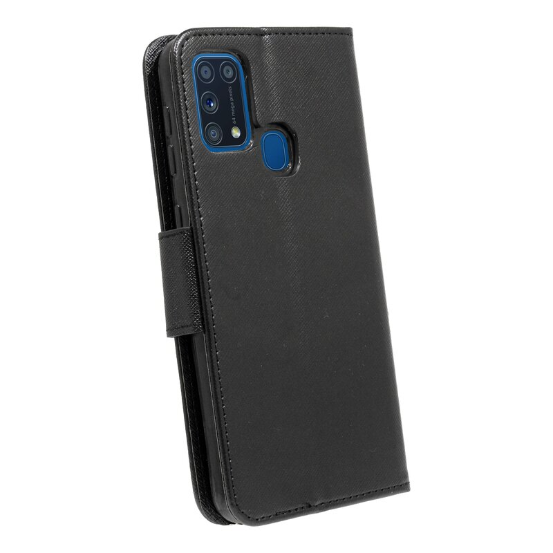Schwarze Handyhülle, offen, zeigt ein Telefon im Inneren. Schwarzer Deckel mit Magnetband.